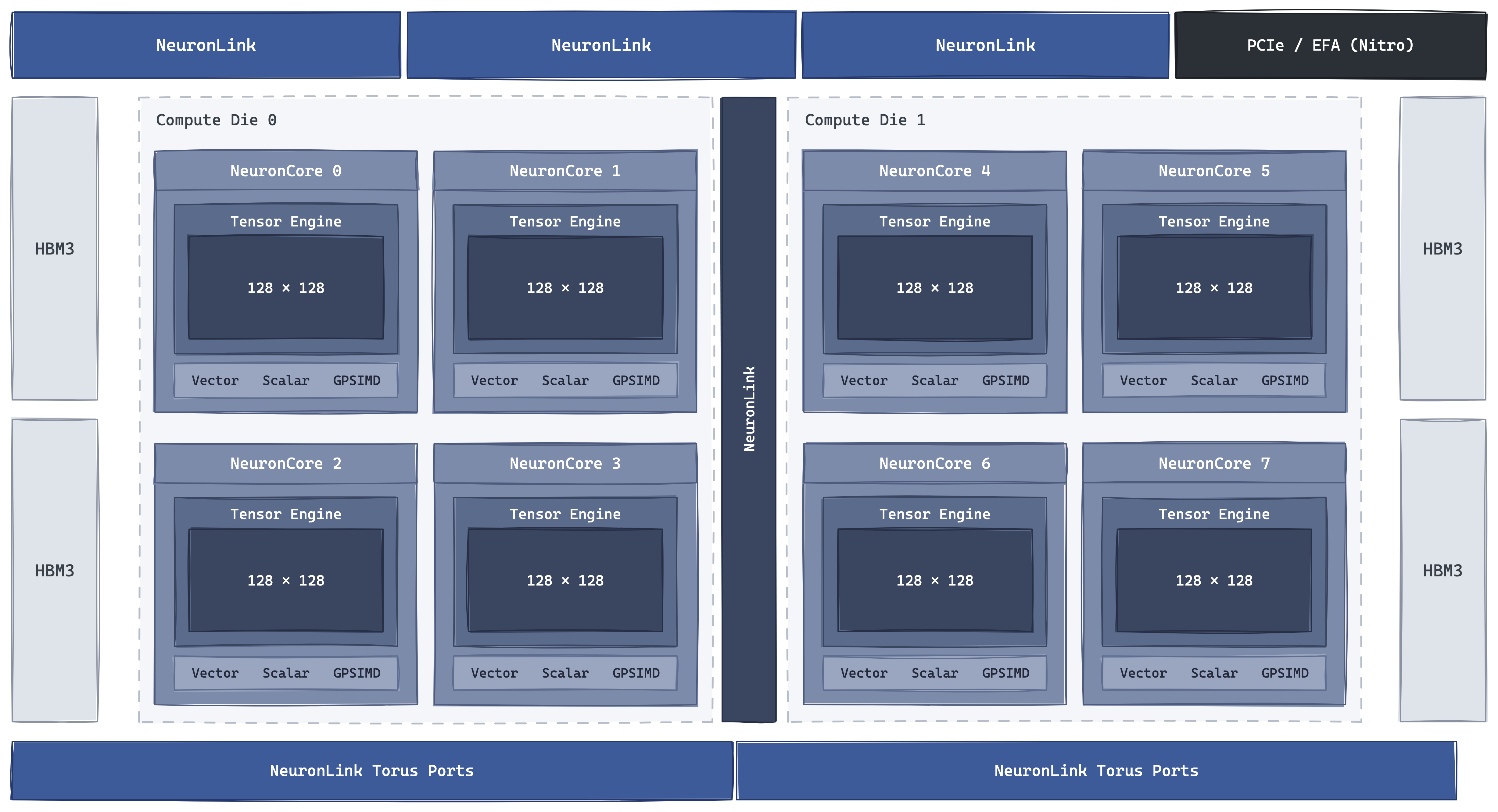 AWS Trainium2 package floorplan — two compute dies sit side by side on a CoWoS interposer, four NeuronCore-v3 per die (eight per chip); each die is flanked by two HBM3 stacks via memory controllers on the outer edges. A central NeuronLink block carries the on-package die-to-die link and the chip-to-chip torus ports; a small PCIe / Nitro EFA strip on top is the path to the host and the scale-out fabric.
