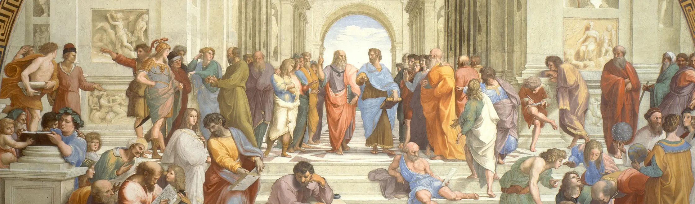 Raphael's School of Athens: Plato and Aristotle walk beneath a coffered arch, surrounded by philosophers on the steps.
