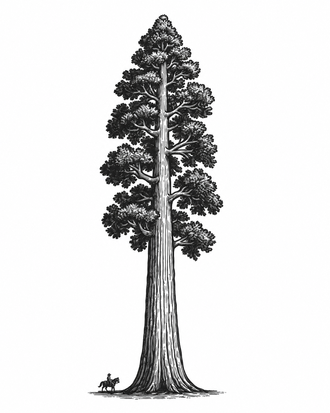 A towering sequoia tree with a horseback rider at its base.